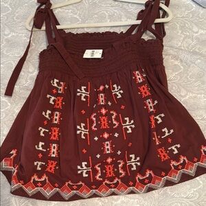 Anthropologie Red and White Smocked Tie Front Tank Top